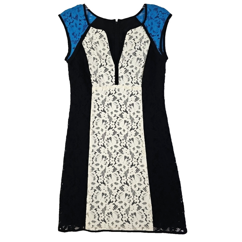 Nanette Lepore ~Woman Size 2~ Black Ivory Blue Lace Dress Color Block NWOT.